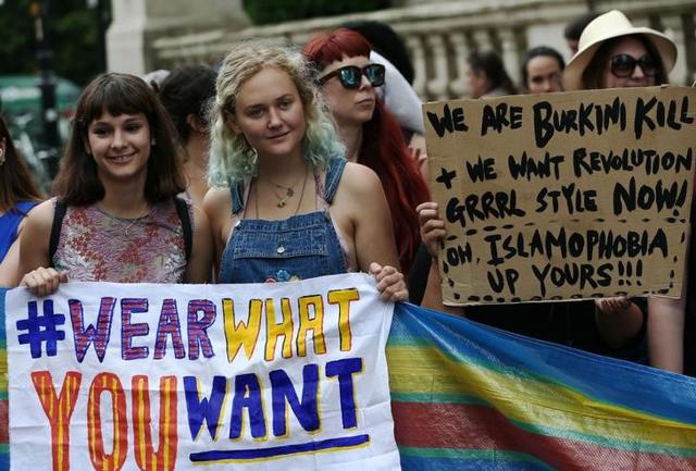 Protesters demonstrate against France's ban of the burkini, outside the French Embassy in London on Thursday. (Reuters) Protesters demonstrate against France's ban of the burkini, outside the French Embassy in London on Thursday. (Reuters)