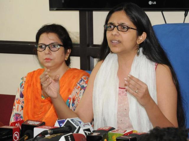 DCW chairman Swati Maliwal during a press conference in New Delhi.(HT Photo)