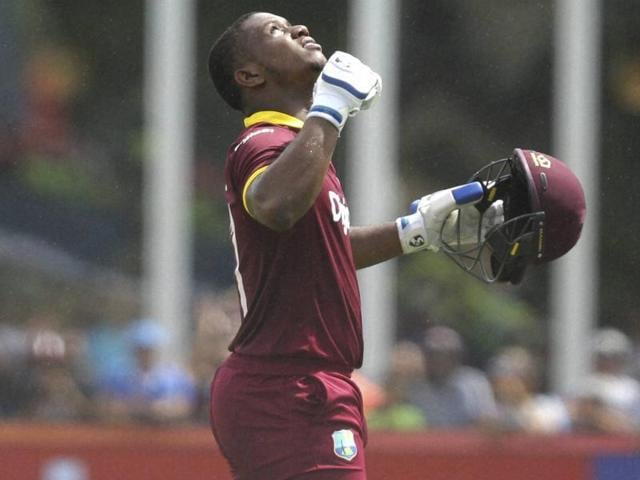 West Indies' Evin Lewis reacts after scoring a century. (AP Photo) West Indies' Evin Lewis reacts after scoring a century. (AP Photo)