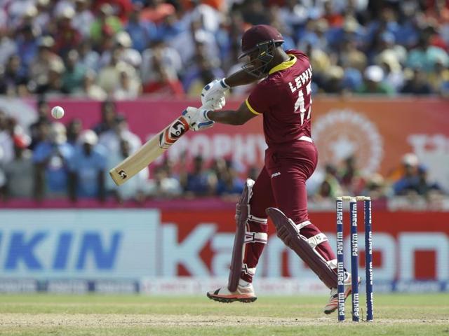 West Indies' Evin Lewis bats during the first Twenty20 international cricket match. (AP photo) West Indies' Evin Lewis bats during the first Twenty20 international cricket match. (AP photo)
