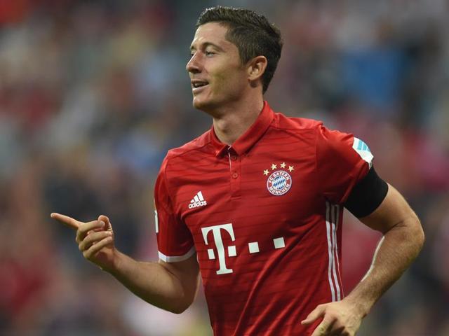 Robert Lewandowski celebrates after scoring the second goal against Werder Bremen. (REUTERS) Robert Lewandowski celebrates after scoring the second goal against Werder Bremen. (REUTERS)