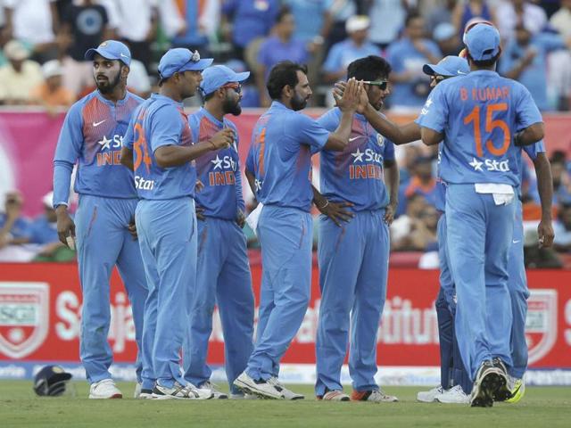 India's Mohammed Shami, center, is congratulated after taking a wicket. (PTI Photo) India's Mohammed Shami, center, is congratulated after taking a wicket. (PTI Photo)