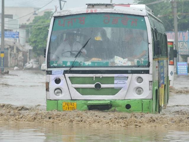 A waterlogged road in Jalandhar on Saturday. (Pardeep Pandit/HT Photo)
