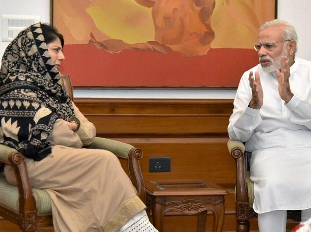 Prime minister Narendra Modi with chief minister of Jammu and Kashmir Mehbooba Mufti at a meeting in New Delhi on Saturday. (PTI Photo) Prime minister Narendra Modi with chief minister of Jammu and Kashmir Mehbooba Mufti at a meeting in New Delhi on Saturday. (PTI Photo)