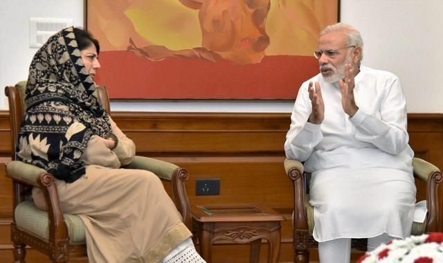 Prime Minister Narendra Modi with Jammu and Kashmir chief minister Mehbooba Mufti at a meeting in New Delhi on Saturday. (PTI) Prime Minister Narendra Modi with Jammu and Kashmir chief minister Mehbooba Mufti at a meeting in New Delhi on Saturday. (PTI)