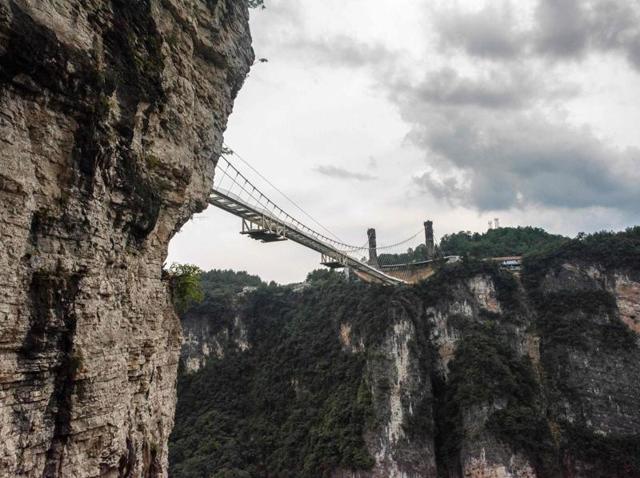 The bridge spans 430 metres (1,410 feet) and rises about 300 metres (984 feet) above a valley in a scenic zone, making it the world's highest and longest glass-bottomed bridge. (AFP) 