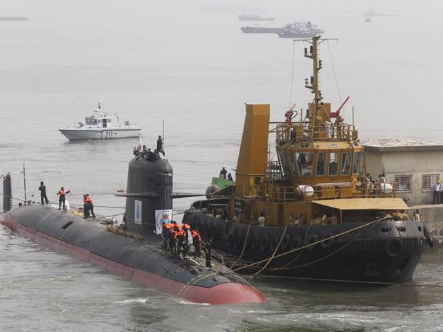 File photo of Indian Navy's Scorpene submarine INS Kalvari at Mazagon Docks in Mumbai.(REUTERS)
