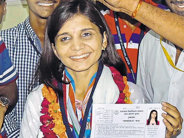 NSUI’s Trishla Choudhary is the lone woman fighting for the post of president.(Prabhakar Sharma/ HT Photo)