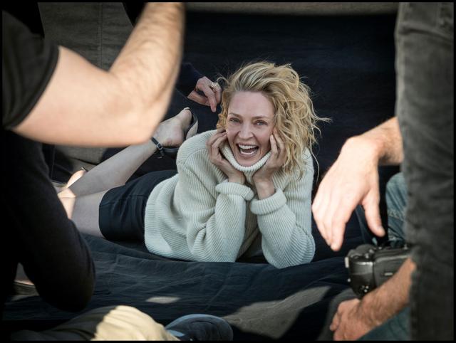 Uma Thurman in a behind-the-scenes photo from the 2017 Pirelli Calendar. (Pirelli)
