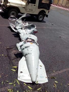 A drop tank of a MiG 29K that fell near CISF headquarters in Vishakhapatnam on Monday. (ANI Photo)