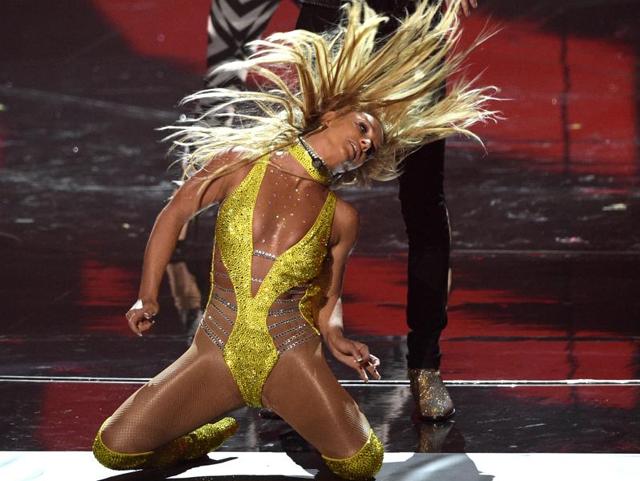 Britney Spears, and G-Eazy perform at the MTV Video Music Awards at Madison Square Garden on Sunday. Britney made her VMA comeback but was accused of lip-syncing her entire performance. (Chris Pizzello/Invision/AP)