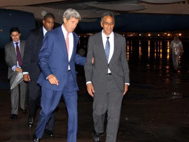 US secretary of state John Kerry with US ambassador to India, Richard Verma upon his arrival at IGI Airport in Delhi.(PTI)