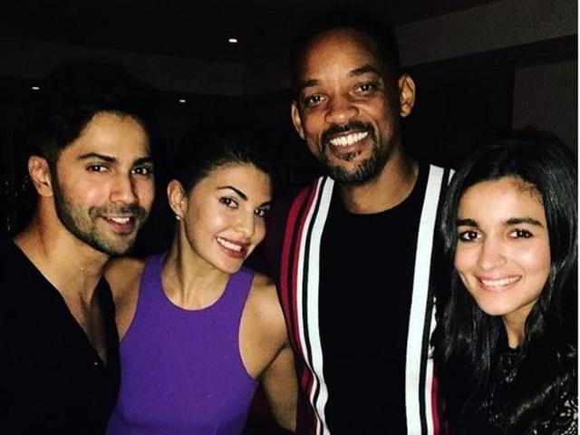 Will Smith strikes a pose with Alia Bhatt and Jacqueline Fernandez at Akshay Kumar’s party in Mumbai. (Instagram)