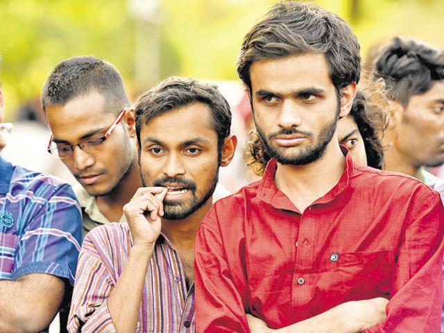 Umar Khalid (in red shirt) during the protest against Jharkhand government at JNU Campus in New Delhi on March 21, 2016. (HT file photo) Umar Khalid (in red shirt) during the protest against Jharkhand government at JNU Campus in New Delhi on March 21, 2016. (HT file photo)