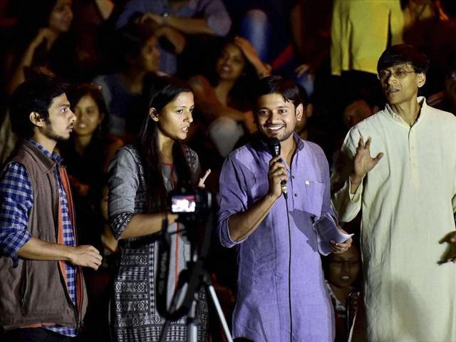 Rama Naga (left) along with JNUSU president Kanhaiya Kumar (third from left) and the union vice-president Shehla Rashid (second from left) on the JNU campus in New Delhi (PTI file photo) Rama Naga (left) along with JNUSU president Kanhaiya Kumar (third from left) and the union vice-president Shehla Rashid (second from left) on the JNU campus in New Delhi (PTI file photo)
