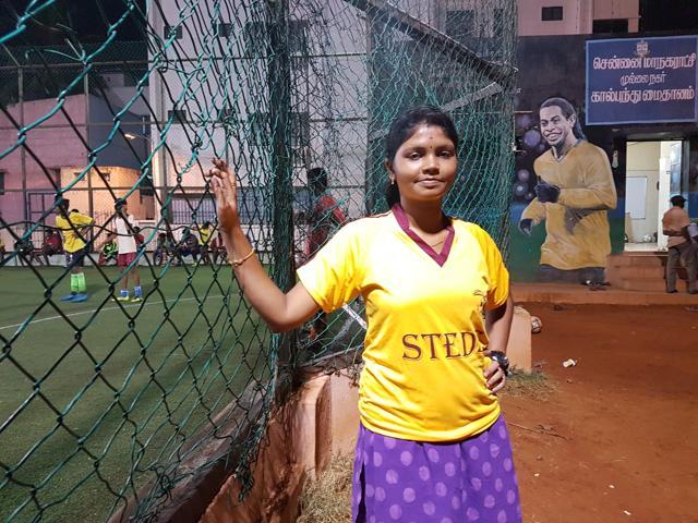 Sakthishweri poses on the sidelines of a match in Vyasarpadi. The 24-year-old is the success story of the charity. (Aditya Iyer/HT Photo) Sakthishweri poses on the sidelines of a match in Vyasarpadi. The 24-year-old is the success story of the charity. (Aditya Iyer/HT Photo)
