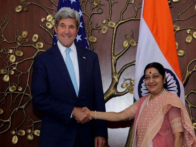 US Secretary ofState John Kerry with Indian external affairs minister Sushma Swaraj in New Delhi on August 30, 2016.(MEA Twitter) US Secretary ofState John Kerry with Indian external affairs minister Sushma Swaraj in New Delhi on August 30, 2016.(MEA Twitter)