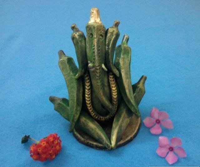 You can make a ladies finger Ganesha using clay and vegetable dye.(Photo credit: Lakshmi)