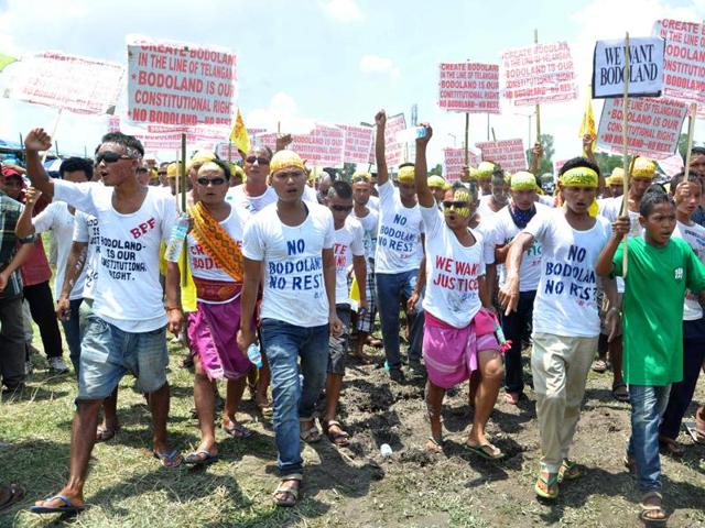 In this photograph taken on August 4, 2013, Bodo tribal youth shout slogans during a mass rally demanding a separate state of 'Bodoland' within Assam, at Kokrajhar.(AFP File Photo) In this photograph taken on August 4, 2013, Bodo tribal youth shout slogans during a mass rally demanding a separate state of 'Bodoland' within Assam, at Kokrajhar.(AFP File Photo)