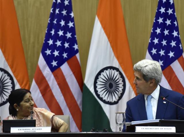 External affairs minister Sushma Swaraj interacts with US secretary of state John Kerry during a joint news conference in New Delhi. (Arun Sharma/HT Photo) External affairs minister Sushma Swaraj interacts with US secretary of state John Kerry during a joint news conference in New Delhi. (Arun Sharma/HT Photo)