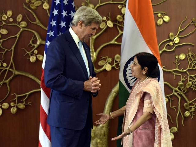 External affairs minister Sushma Swaraj interacts with US secretary of state John Kerry prior to a meeting in New Delhi. (Arun Sharma/HT Photo) External affairs minister Sushma Swaraj interacts with US secretary of state John Kerry prior to a meeting in New Delhi. (Arun Sharma/HT Photo)