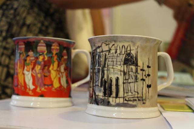At Stall 9-02B, Lalit Kala Akademi has printed paintings of renowned artists on mugs, which are priced at Rs 150. (Khushboo Shukla/ Hindustan Times) At Stall 9-02B, Lalit Kala Akademi has printed paintings of renowned artists on mugs, which are priced at Rs 150. (Khushboo Shukla/ Hindustan Times)