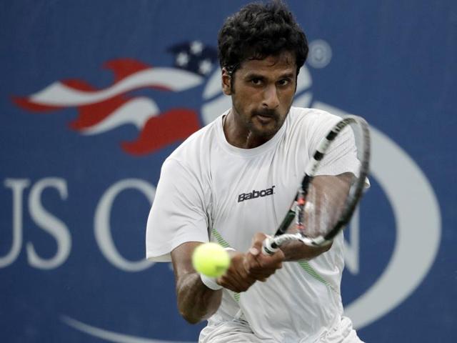 Saketh Myneni, of India, returns a shot to Jiri Vesely, of the Czech Republic. (AP Photo) Saketh Myneni, of India, returns a shot to Jiri Vesely, of the Czech Republic. (AP Photo)