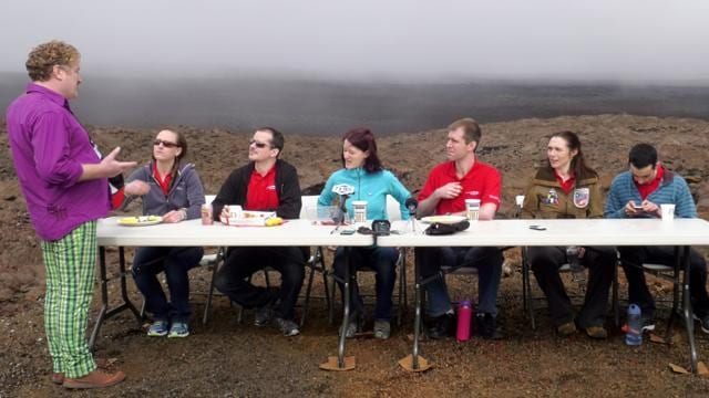 A journalist (left) poses questions to members of the Hawaii Space Exploration Analog and Simulation crew who went into isolation for 365 days. (AFP Photo) A journalist (left) poses questions to members of the Hawaii Space Exploration Analog and Simulation crew who went into isolation for 365 days. (AFP Photo)