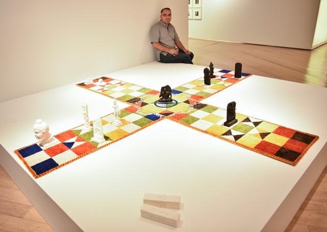 It’s mine; No It’s Mine; Now it’s yours; No it’s Ours; Now It’s missing by Shaurya Kumar, hand-woven tapestry with wool and silk, pigment dye and ABS plastic (Photo: Aalok Soni/HT )