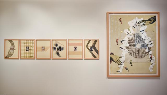 Touching Birds – I (extreme right) by Anju Dodiya, hand coloured screen print on stencil washed and pigment stained STPI cotton paper (2007); Fur/Foam/Fame (left), 6 archival digital prints on Hahnemuehle bamboo paper, with painted fabric mounts (2016) (Photo: Aalok Soni/HT )