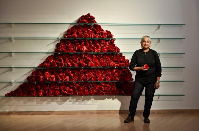 Stone Mountain by Anita Dube, 365 stones, velvet, glass, aluminum (2016) (Photo: Aalok Soni/HT )