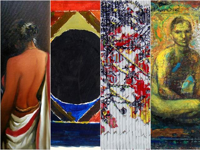 (L-R)Artworks by artists Sudip Roy, Late SH Raza, Vinita Dasgupta and Anupam Sud.