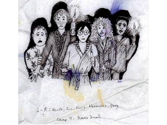 And finally, The Duel. In what should be an end to the race controversy, notice how even in JK Rowling’s original sketches, Hermione is white. (Pottermore) And finally, The Duel. In what should be an end to the race controversy, notice how even in JK Rowling’s original sketches, Hermione is white. (Pottermore)
