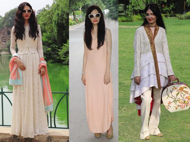 We took Reshma to the picturesque Hauz Khas Village  for  an early morning shoot. “Yeh kitne khoobsurat kapde hain (These clothes are so beautiful ),” she said, of the outfits she wore for the shoot. Reshma wore an off-white lehenga by Pawan Sachdeva paired with a  stole from Mad Sam Tin Zin (Left), a peach maxi dress by Mad Sam Tin Zin  and an off  white tiered outfit by Samant Chauhan. (PHOTO & styling: SHARA ASHRAF; makeup & hair: naina arora ) 