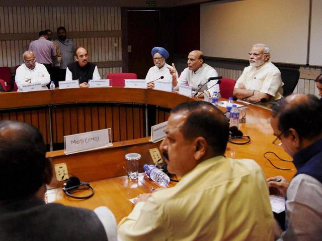 Prime Minister Narendra Modi with Union home minister Rajnath Singh, former prime minister Manmohan Singh and other leaders at an all-party meeting on Kashmir situation at Parliament in New Delhi. (PTI File Photo) Prime Minister Narendra Modi with Union home minister Rajnath Singh, former prime minister Manmohan Singh and other leaders at an all-party meeting on Kashmir situation at Parliament in New Delhi. (PTI File Photo)