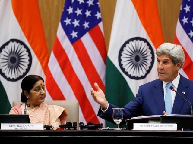 US secretary of state John Kerry (R) gestures as India's external affairs minister Sushma Swaraj looks on during their joint news conference in New Delhi.(Reuters)