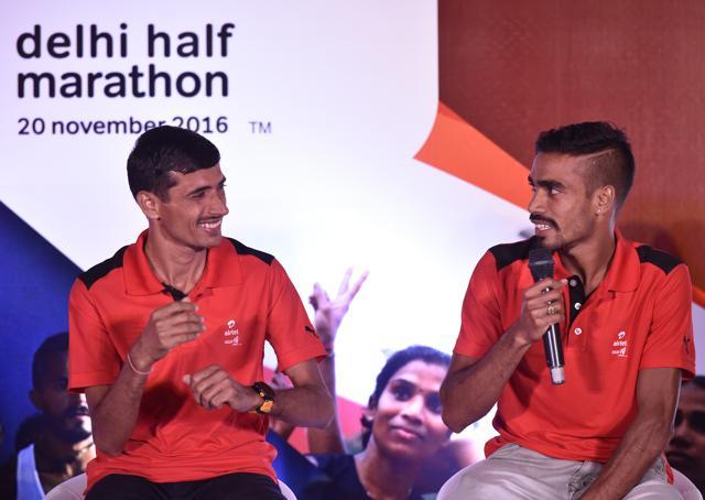 Kheta Ram, left, and Gopi T during the Airtel Delhi Half Marathon registration launch event at Le-Meridien in New Delhi, on August 30, 2016. (Ravi Choudhary/HT PHOTO) Kheta Ram, left, and Gopi T during the Airtel Delhi Half Marathon registration launch event at Le-Meridien in New Delhi, on August 30, 2016. (Ravi Choudhary/HT PHOTO)