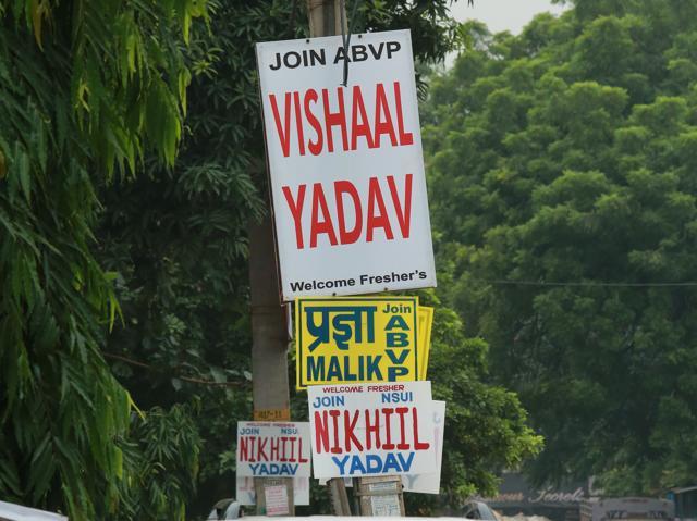 Vishal Yadav, an ABVP candidate, says he has no idea who has installed the posters and hoardings with the wrong spellings. (Amal KS/HT) Vishal Yadav, an ABVP candidate, says he has no idea who has installed the posters and hoardings with the wrong spellings. (Amal KS/HT)