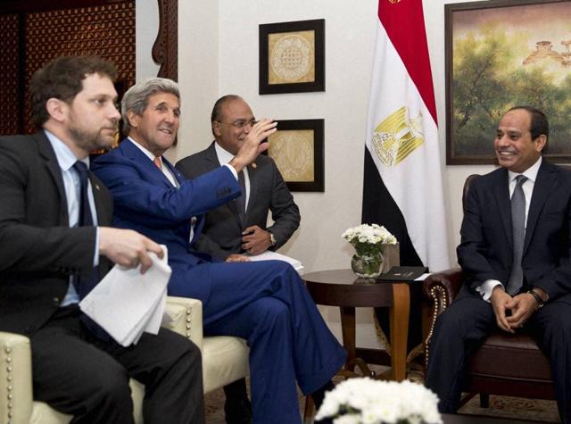 US secretary of state John Kerry meets Egyptian President Abdel Fattah El-Sisi in New Delhi. (AP Photo) US secretary of state John Kerry meets Egyptian President Abdel Fattah El-Sisi in New Delhi. (AP Photo)