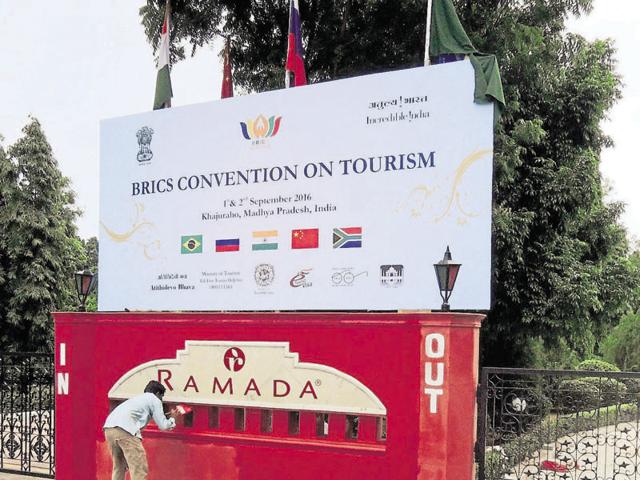 Preparation in full swing for BRICS convention on tourism in Khajuraho on Wednesday. (Anirban Roy/HT photo) Preparation in full swing for BRICS convention on tourism in Khajuraho on Wednesday. (Anirban Roy/HT photo)