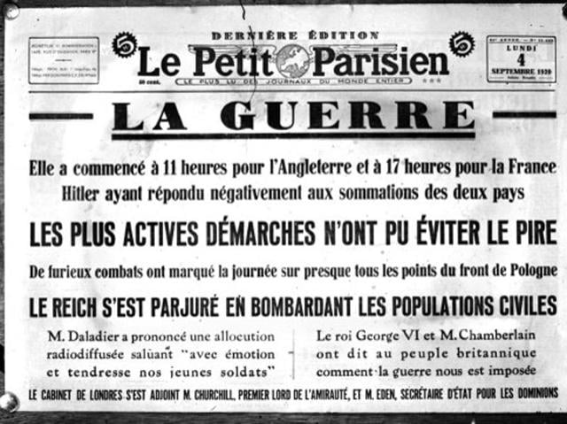 The front page of the French daily newspaper Le Petit Parisien -- dated September 4, 1939 -- announced the entry into war of France and England against Germany. (AFP Archive)