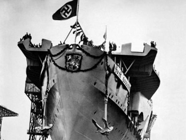 A picture dated December 8, 1938 shows German Nazi aircraft carrier Graf Zeppelin as it is prepared for launching at Kiel. (AFP Archive)