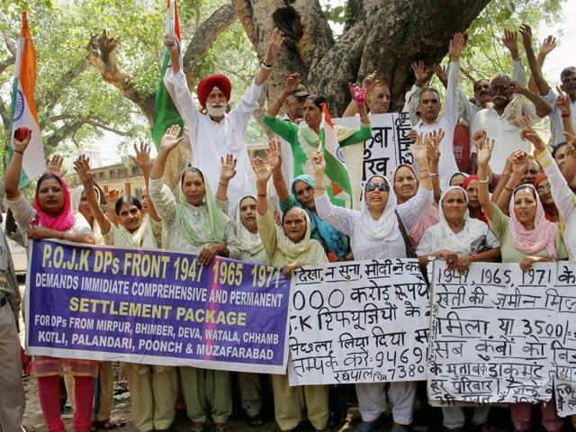 Pakistan-occupied Kashmir refugees shout slogans during a protest for their various demands in Jammu, June 25, 2016(PTI) Pakistan-occupied Kashmir refugees shout slogans during a protest for their various demands in Jammu, June 25, 2016(PTI)