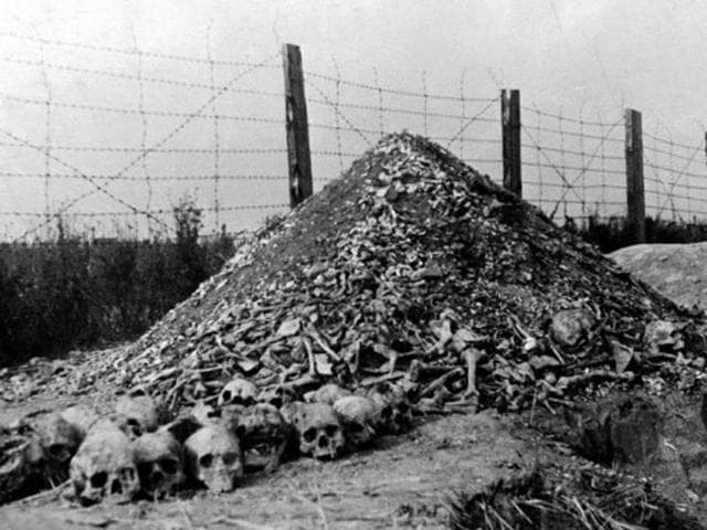 A pile of human bones and skulls is seen in 1944 at the Nazi concentration camp of Majdanek in the outskirts of Lublin, the second largest death camp in Poland after Auschwitz, following its liberation in 1944 by Russian troops. (AFP Archive)