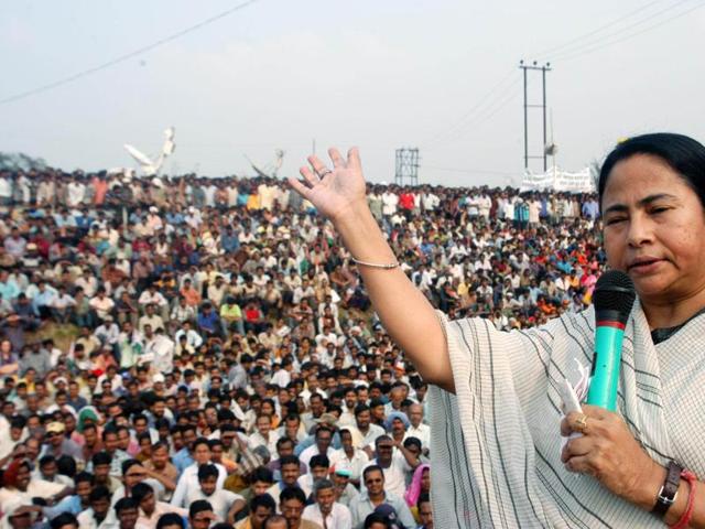 Supporters celebrating the victory of Trinamool Congress with the proposed Nano factory in the background during West Bengal assembly election at Singur in 2011 (Hindustan Times) Supporters celebrating the victory of Trinamool Congress with the proposed Nano factory in the background during West Bengal assembly election at Singur in 2011 (Hindustan Times)
