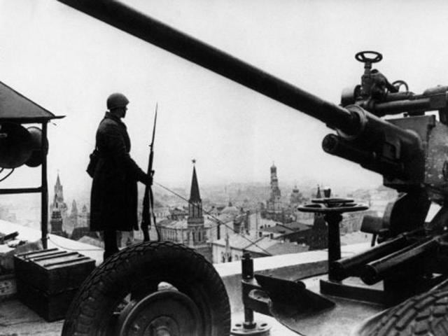 An anti-aircraft artillery unit in position on a Moscow roof in 1941. Hitler's Germany invaded the Soviet Union 22 June 1941. In April 1944, the USSR retook Odessa, German troops surrendered in the Crimea in May and in July, the Red Army retook Minsk. On May 2, 1945, Soviet troops completed the capture of Berlin and the World War II was over. (AFP Archive)