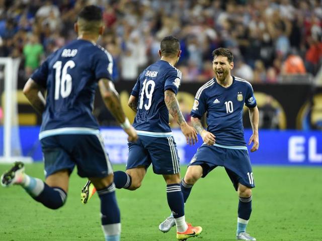 Messi celebrates the goal that made him Argentina’s leading goal-scorer. (AFP) Messi celebrates the goal that made him Argentina’s leading goal-scorer. (AFP)