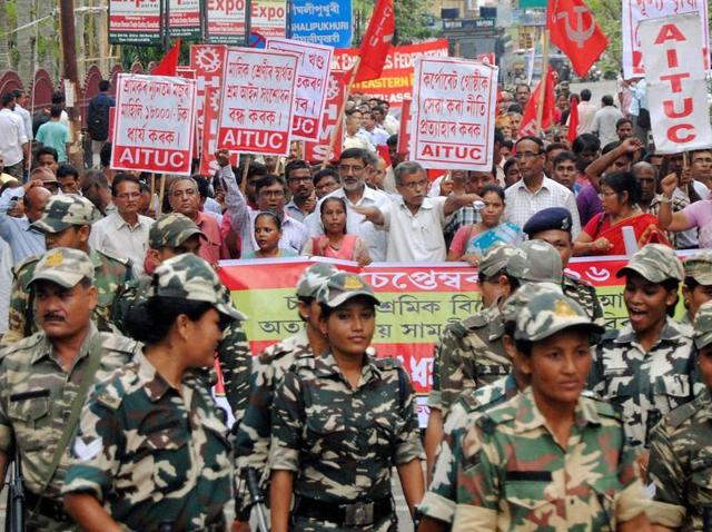 Activists of the trade unions and employees’ federation taking out a procession in Guwahati on August 31, 2016, in support of Central trade unions September 2 strike. (PTI) Activists of the trade unions and employees’ federation taking out a procession in Guwahati on August 31, 2016, in support of Central trade unions September 2 strike. (PTI)