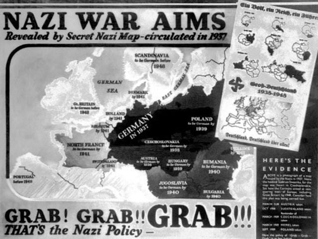 A map issued by the Nazis in 1937, found in Czechoslovakia, and published as a poster in England shows how Hitler's Third Reich aimed at conquering most of Europe, including Great Britain by 1948. The British anti-war propaganda poster reads ‘Now the Policy of Grab-Grab-Grab is at last halted’. (AFP Archive)