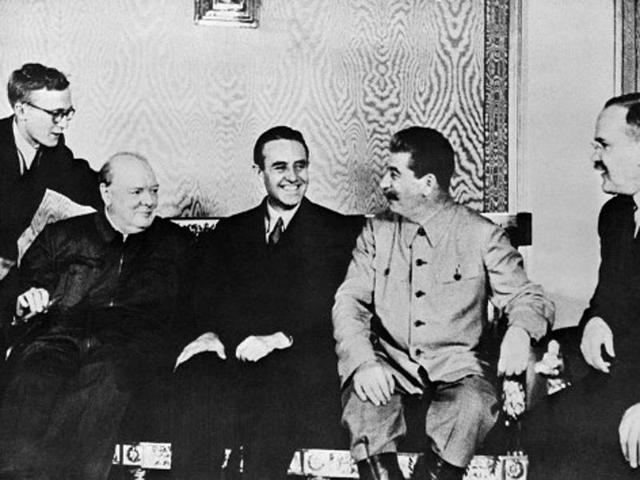 Former British prime minister Winston Churchill (left), special representative of US president's special mission to Moscow Averell Harriman (centre), leader of the Soviet Union Joseph Stalin (2nd right) and Soviet foreign minister Vyacheslav Molotov (right) are seen in a 1942 picture taken during the Second Moscow Conference between the Allies. (AFP Archive)
